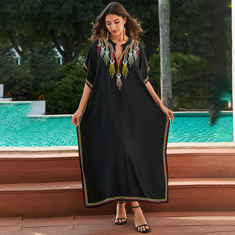 Women's Cotton Beach Cover-up Robe Style Loose Embroidery Vacation Dress apparel & accessories