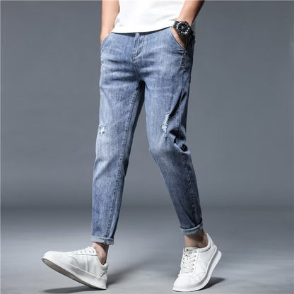 Loose Straight Ripped Stretch Pants Men's Casual Cropped Skinny Trousers apparel & accessories