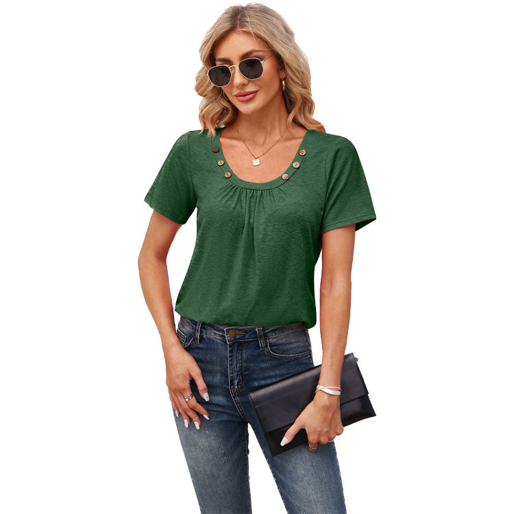 Women's Short-sleeved T-shirt Summer Button Square Collar Pleated Design Solid Color Loose T-shirt Womens Clothing apparel & accessories