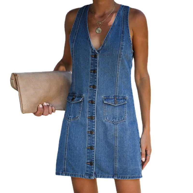 Denim Dress Female Summer Sexy V-Neck Halter Strap Denim Vest Skirt apparel & accessories