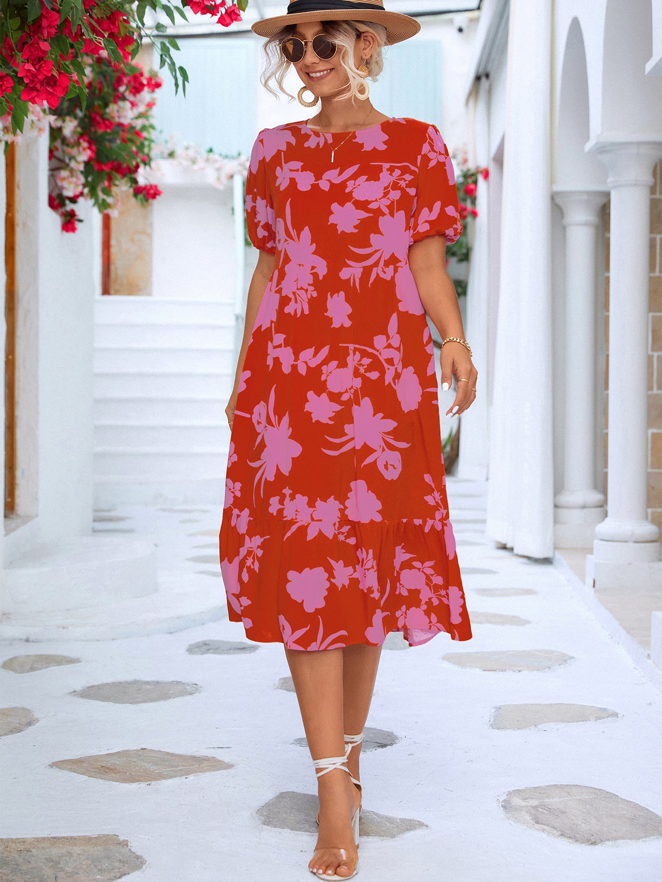 Floral Puff Sleeve Ruffle Hem Midi Dress apparel & accessories