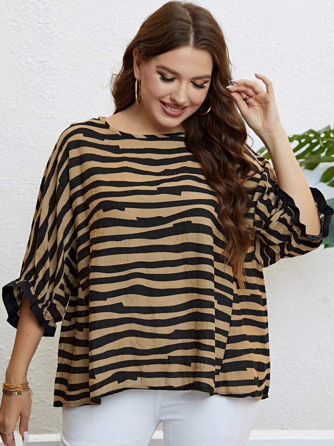 Plus Size Striped Three-Quarter Sleeve Boat Neck Top apparel & accessories