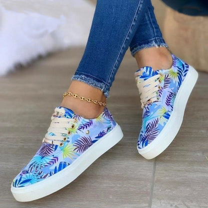 Canvas Shoes For Women Lace-Up Flats Leaves Print Shoes & Bags