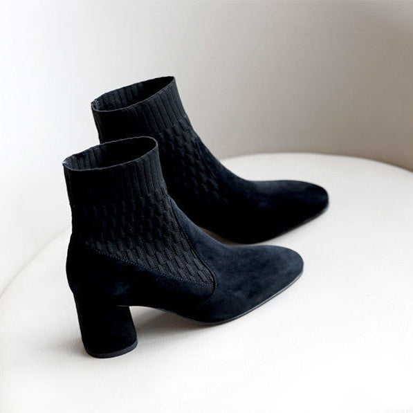 Apricot Stitching Knitted Sock Chunky Heel Ankle Boots Shoes & Bags