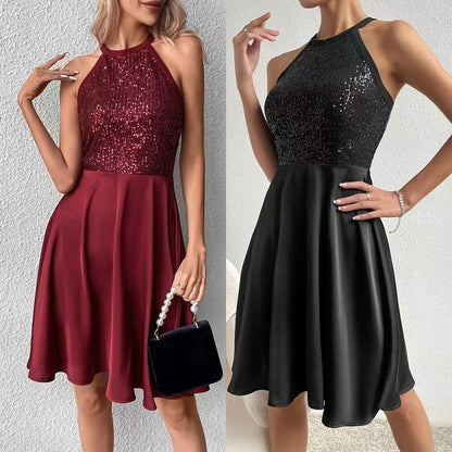 Summer New Sequin Stitching Sleeveless Slim Solid Color Dress Women apparel & accessories