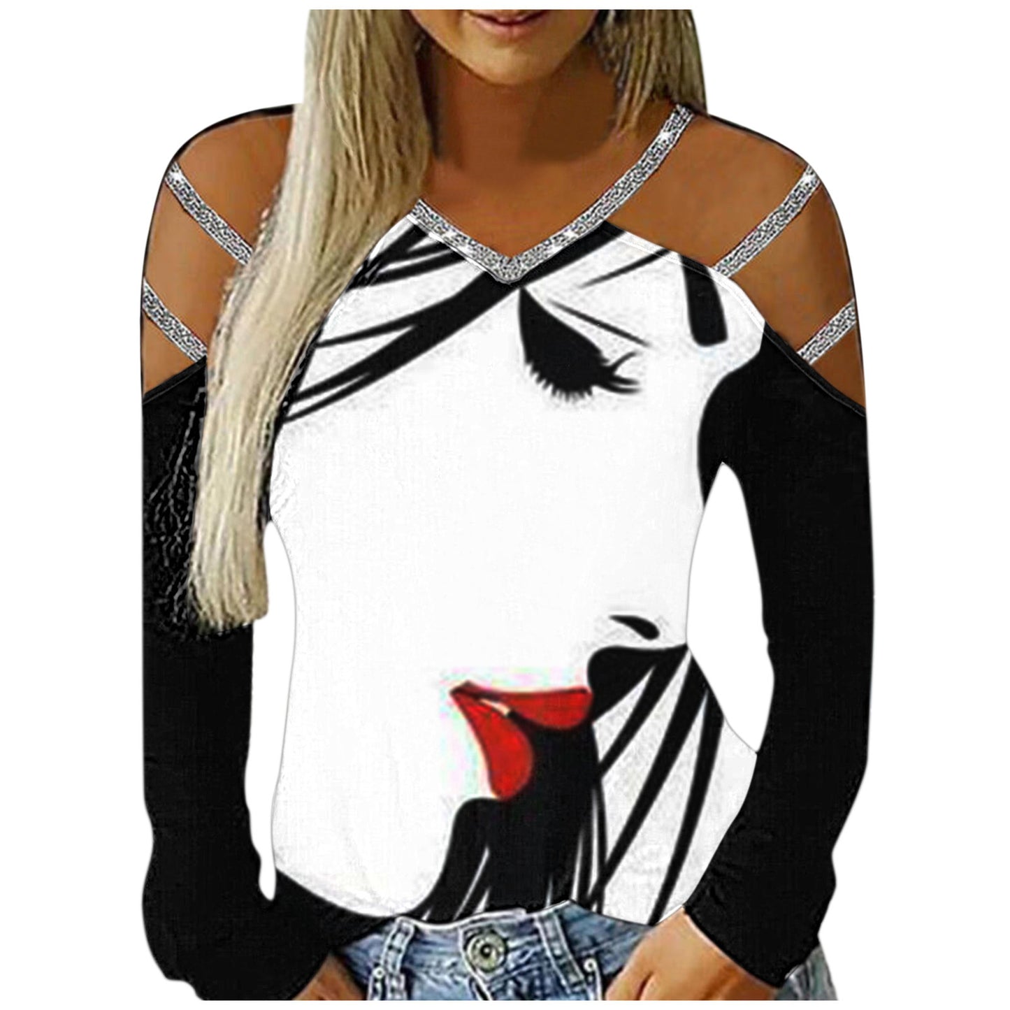 Ladies Casual V-Neck Printed Cutout Off Shoulder Long Sleeve T-Shirt apparels & accessories