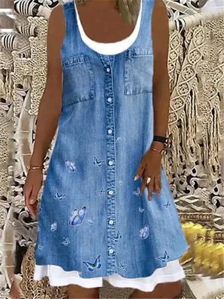 Women's Fashion Denim Print Sleeveless Round Neck Dress apparel & accessories