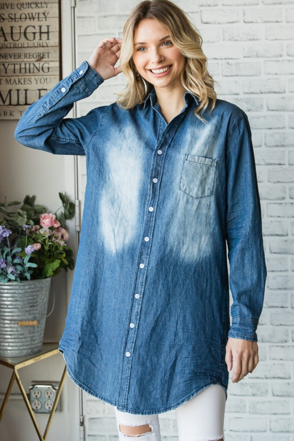 Veveret Pocketed Button Up Washed Denim Shirt Dresses & Tops