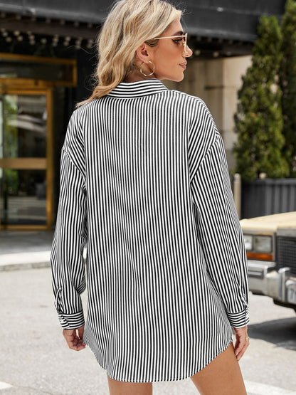 Pocketed Striped Collared Neck Long Sleeve Shirt Dresses & Tops