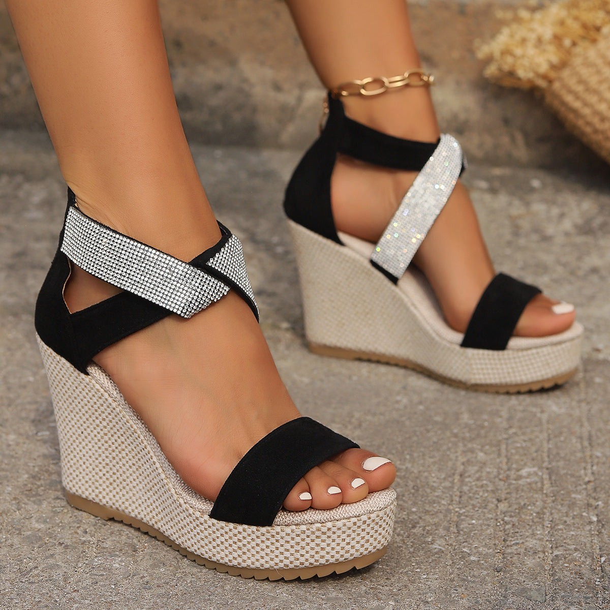 Fish Mouth High Wedges Sandals With Rhinestone Design Fashion Summer Platform Shoes For Women apparel & accessories
