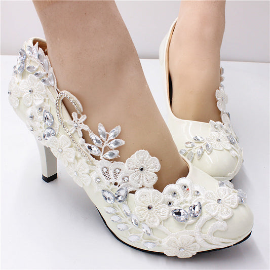 Oversized Women's White Wedding Shoes Round Toe Leather Shoes & Bags