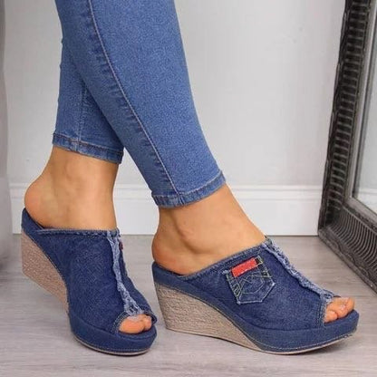 Denim high heels wedge sandals apparel & accessories