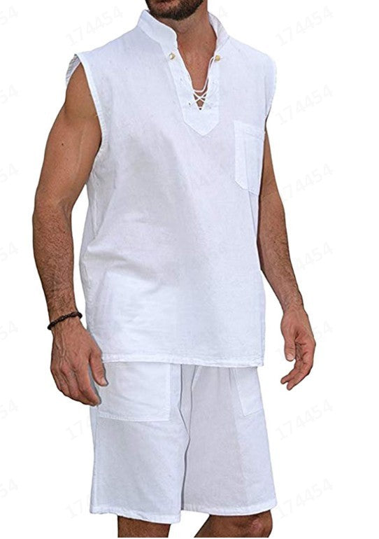 Men's Casual Solid Color Lace-Up Vest Two-Piece Set apparel & accessories