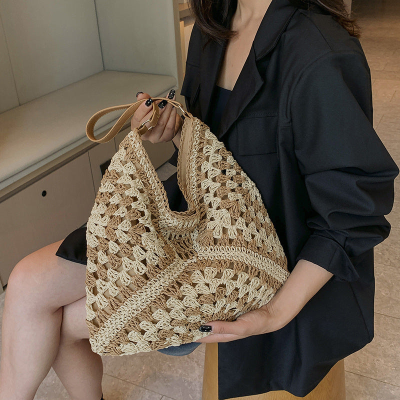 Women's Fashion Handmade Straw Woven Hollow Contrast Color Weave Shoulder Bag apparels & accessories