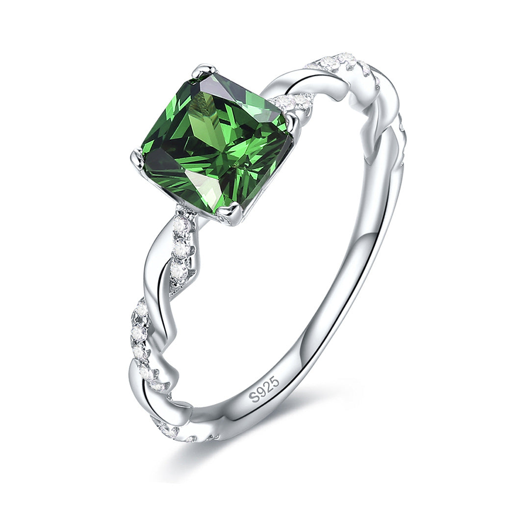 925 Sterling Silver Ring Main Stone Green Zirconium Jewelry