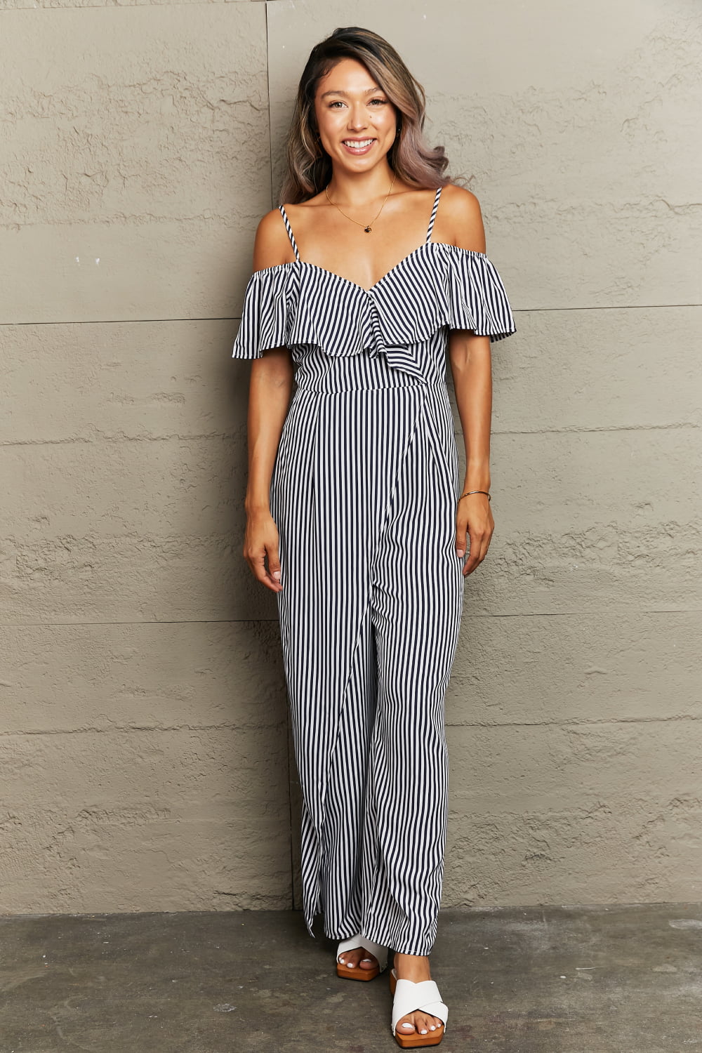 Striped Spaghetti Strap Cold-Shoulder Jumpsuit Bottom wear