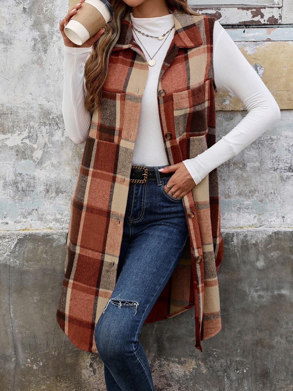 Pocketed Button Up Plaid Vest Dresses & Tops