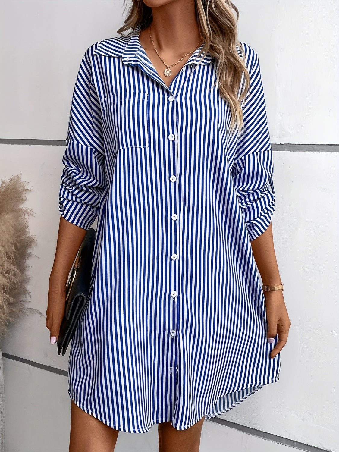 Striped Button Up Long Sleeve Mini Shirt Dress apparel & accessories