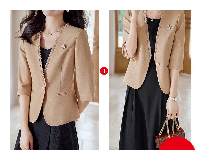 Women's Collarless Professional Casual Three Quarter Sleeve Suit Jacket apparel & accessories