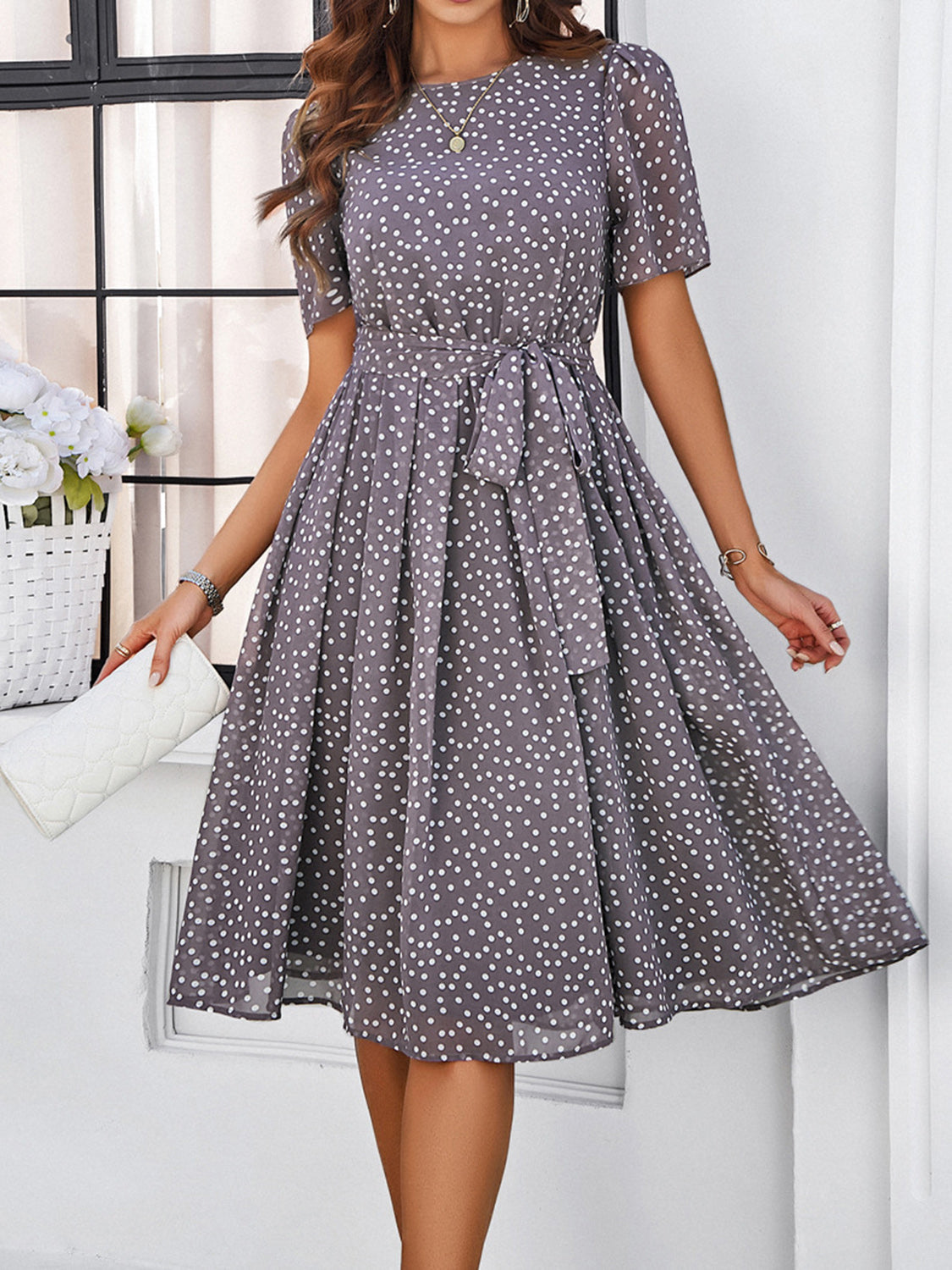 Printed Round Neck Short Sleeve Dress Dresses & Tops