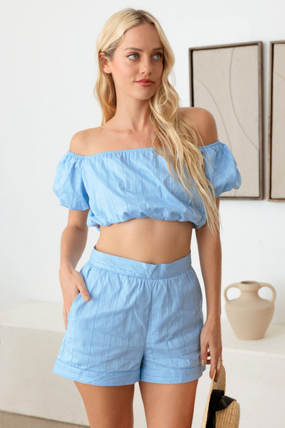 LE LIS COLLECTION Off Shoulder Crop Top and High Waist Shorts Set Bottom wear