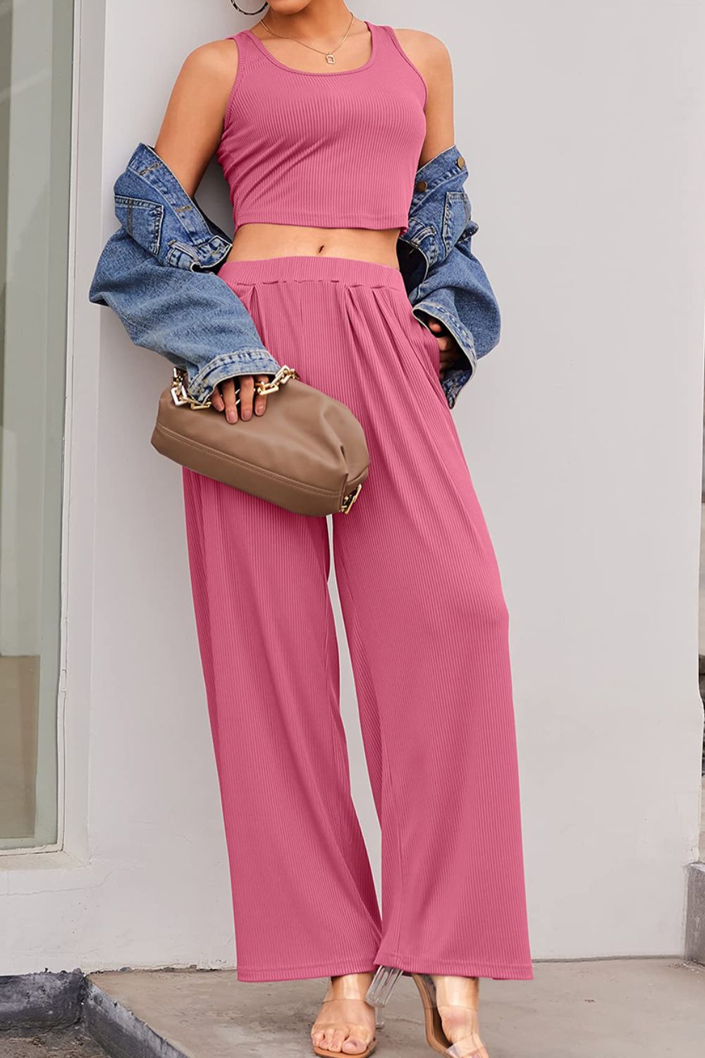 Scoop Neck Top and Wide Leg Pants Set Bottom wear