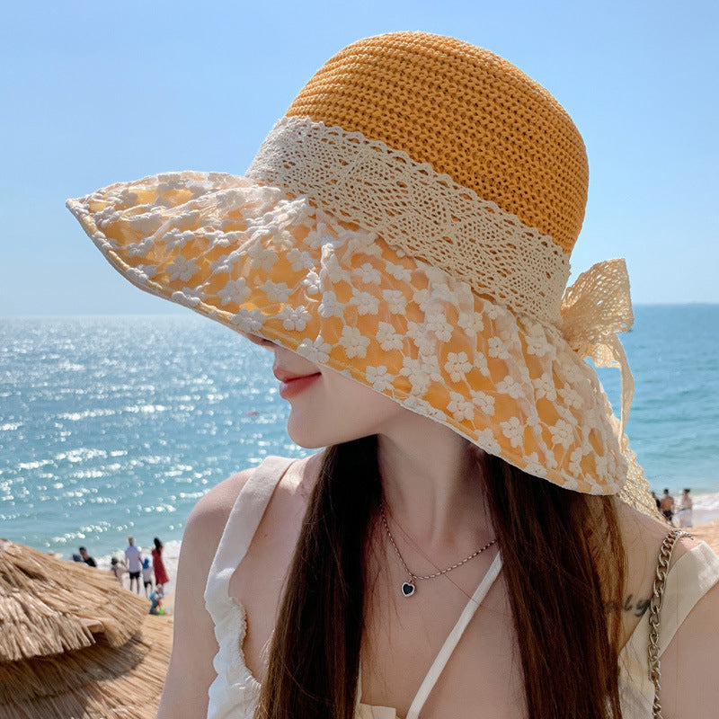 Lace Bow Straw Fisherman Hat Summer Outdoor Sunhat With Large Brim Anti-UV Sunshade And Face Protection Hat apparels & accessories