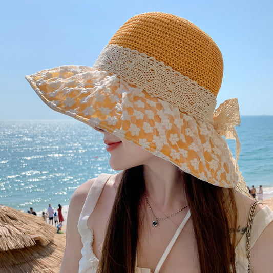 Lace Bow Straw Fisherman Hat apparels & accessories