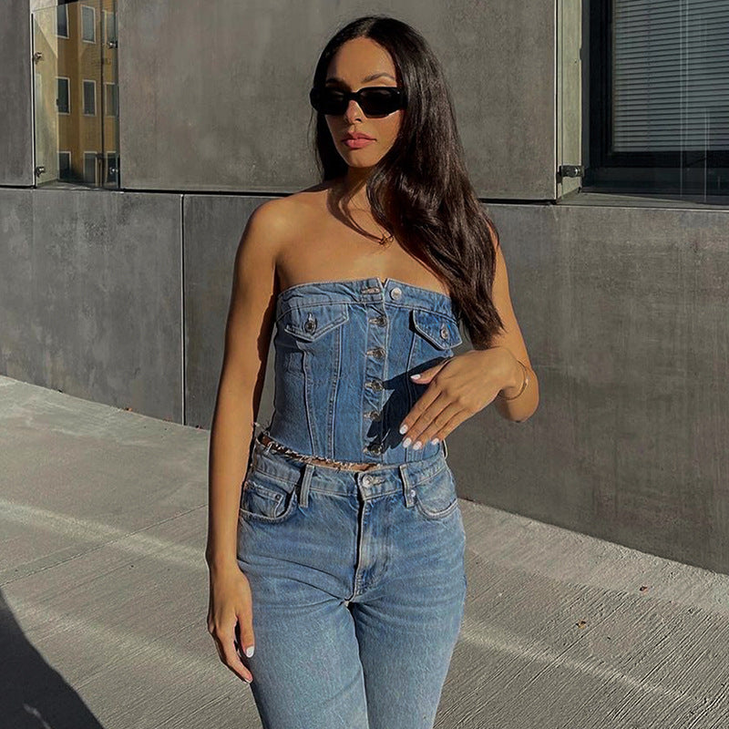 Fashion Denim Button Tank-top Women apparel & accessories