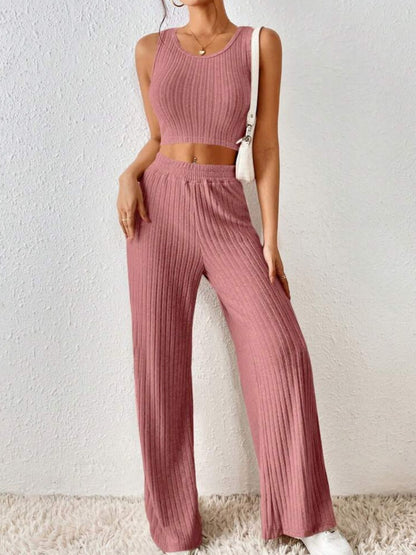 Ribbed Round Neck Tank and Pants Sweater Set apparel & accessories