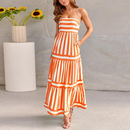 Striped Printed Suspender Long Dress apparel & accessories