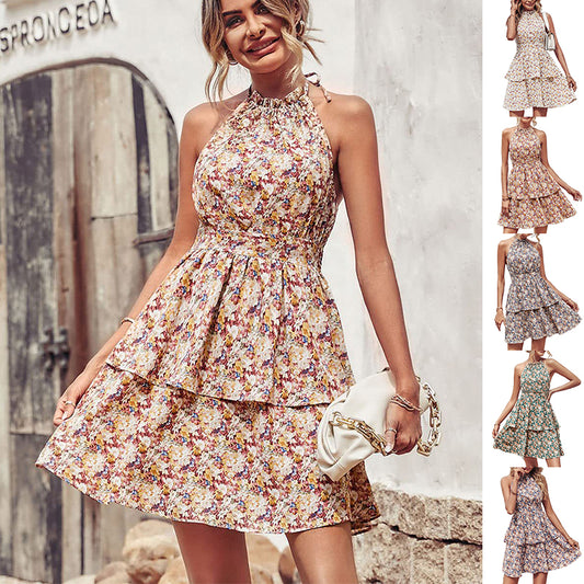 Summer Printed Halter Dress Fashion Backless Ruffled A-Line Beach Dresses For Womens Clothing apparels & accessories