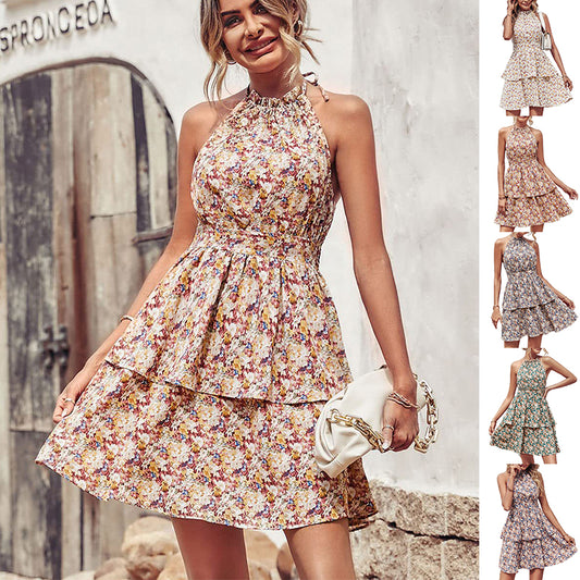 Printed Halter Backless Ruffled A-Line Beach Dress apparels & accessories