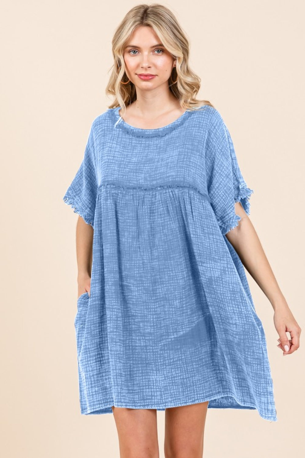 Culture Code Full Size Short Sleeve Babydoll Texture Dress with Pockets Dresses & Tops