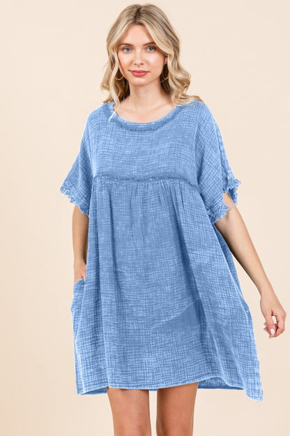 Culture Code Full Size Short Sleeve Babydoll Texture Dress with Pockets Dresses & Tops