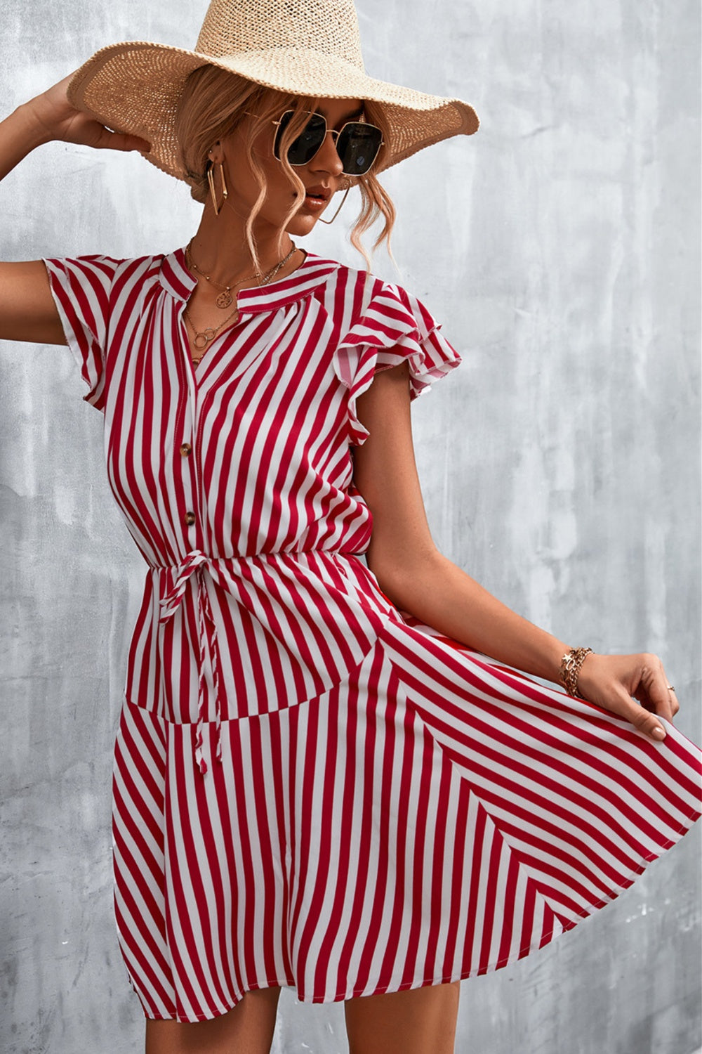 Ruffled Striped Cap Sleeve Mini Dress Dresses & Tops