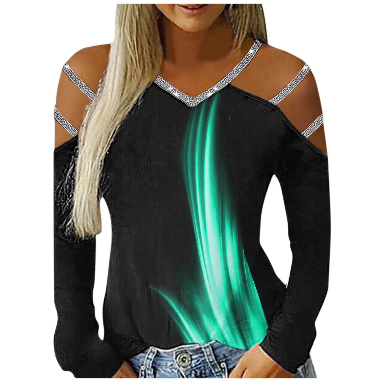 Ladies V-Neck Printed Cutout Off Shoulder T-Shirt apparels & accessories