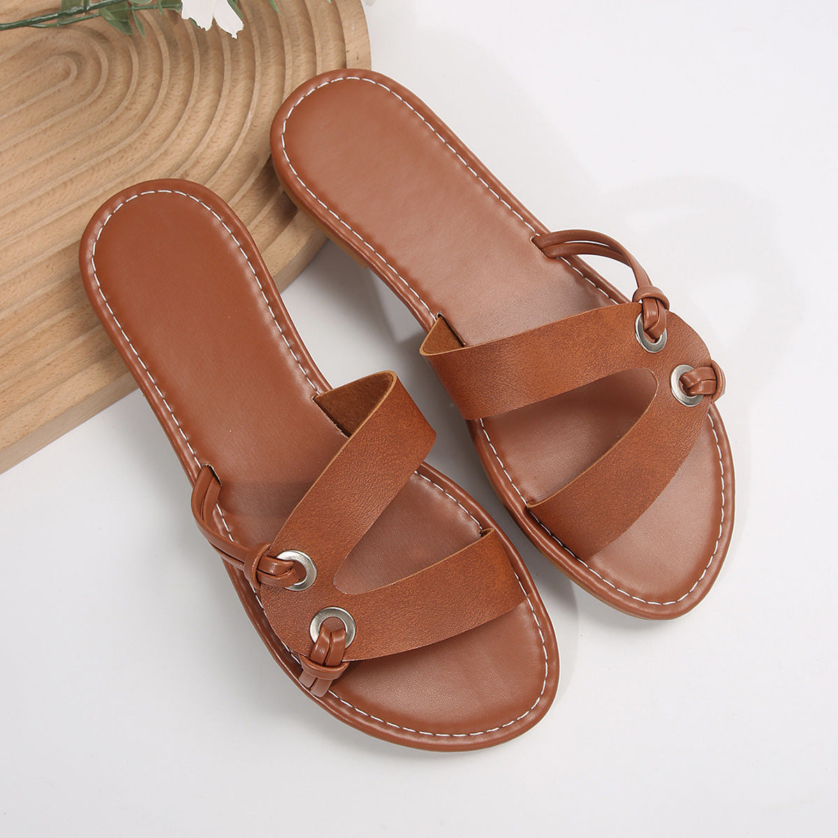 Round Toe Flat Sandals Summer Fashion Casual Non-slip Slides Shoes For Women Shoes & Bags