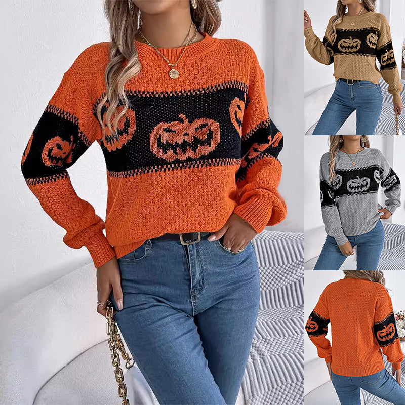 Halloween Pumpkin Pullover Sweater Fashion Long Sleeve Knitted Tops For Women Clothing halloween