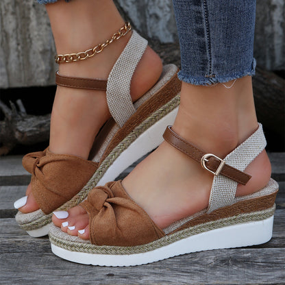 Thick-soled Bow Sandals Summer Fashion Casual Linen Buckle Wedges Shoes For Women Shoes & Bags