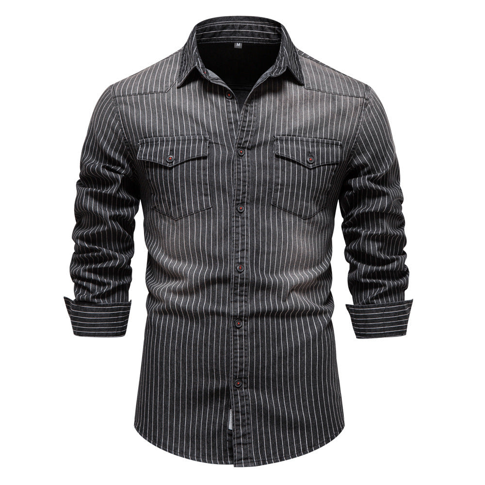 Men's Fashion Casual Heavy-duty Washed Distressed Striped Denim Shirt apparel & accessories