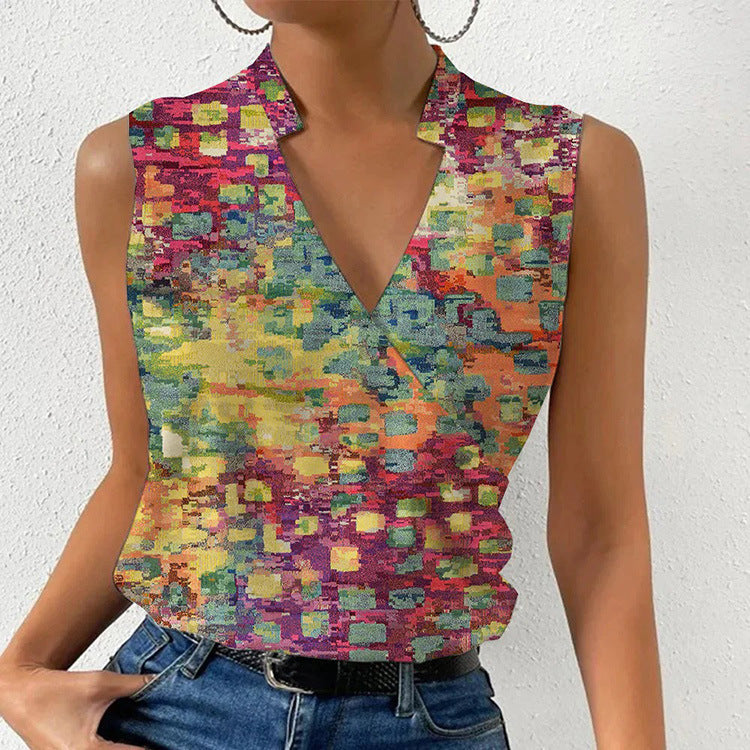 Casual Printed Tops Summer V-neck Sleeveless T-shirt Womens Clothing apparel & accessories