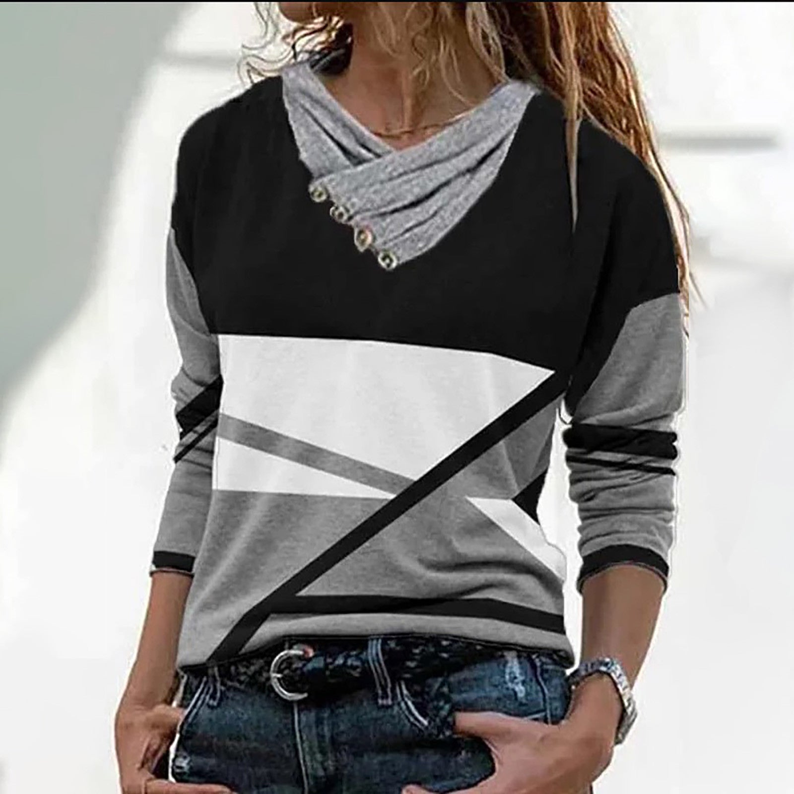 Stripe Positioning Print Button Discount V-Neck Pullover Fashion Autumn Winter Top apparels & accessories