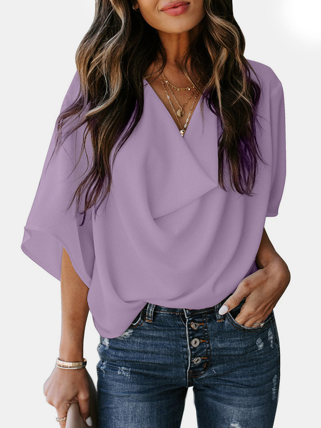 Full Size Cowl Neck Three-Quarter Sleeve Blouse apparel & accessories