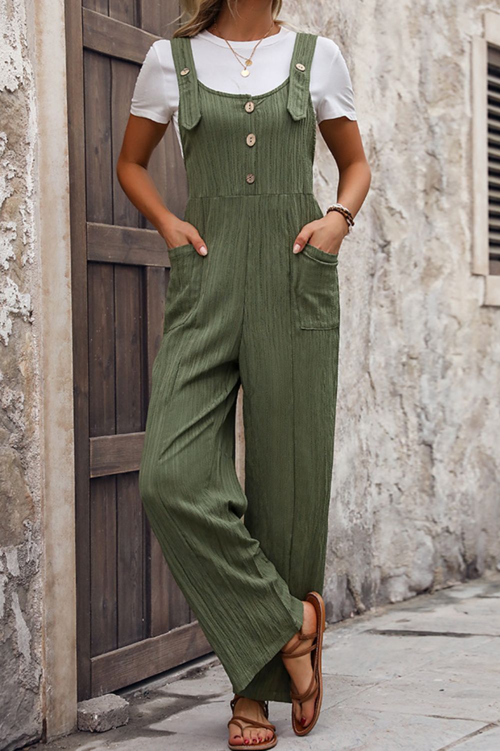 Textured Pocketed Wide Strap Overalls Bottom wear