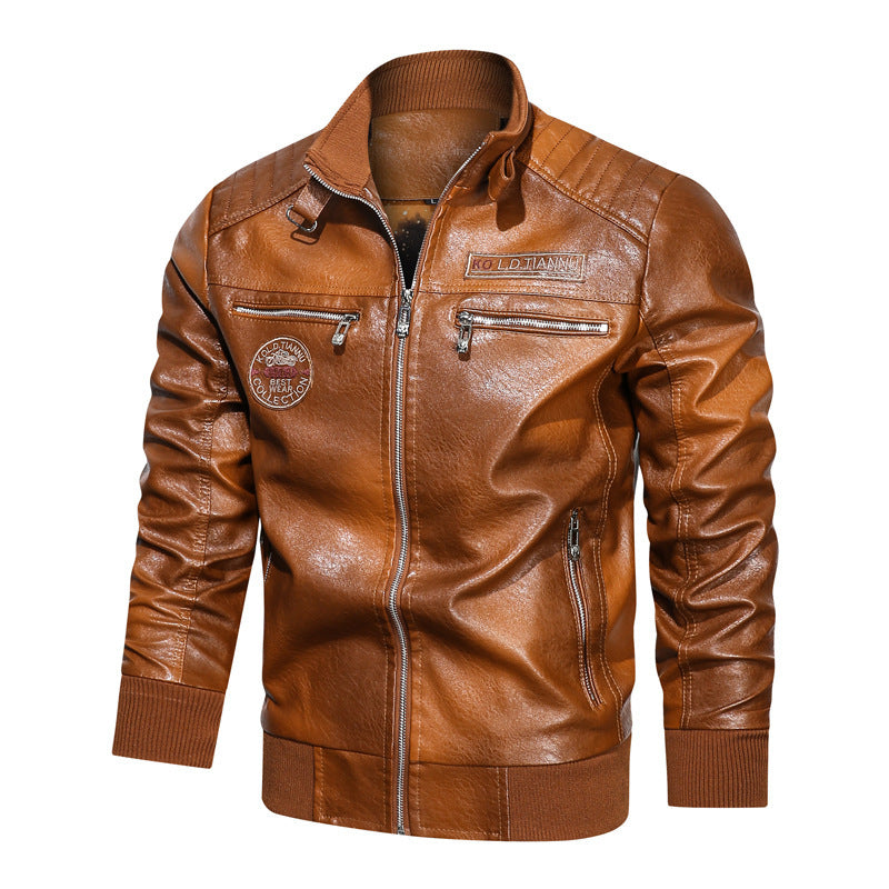 Stand-up Collar Leather Jacket With Pockets apparels & accessories