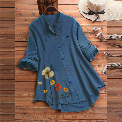 Printed Stand Collar Color Button Shirt Women apparels & accessories