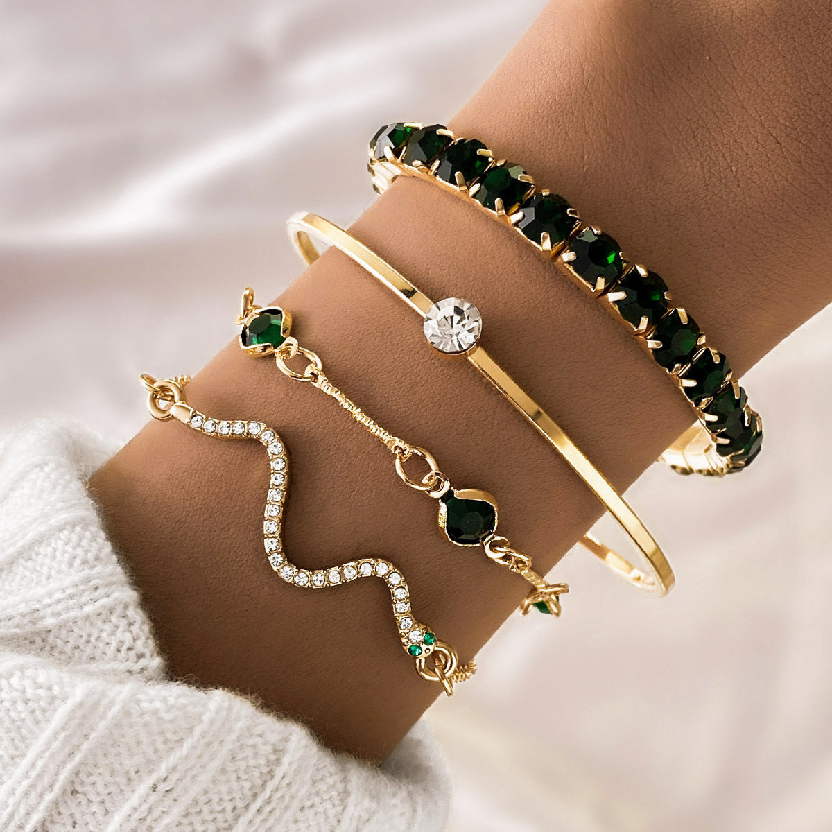 Fashion Green Grandmother Diamond Stretch Bracelet Women's 4-piece Set Jewelry