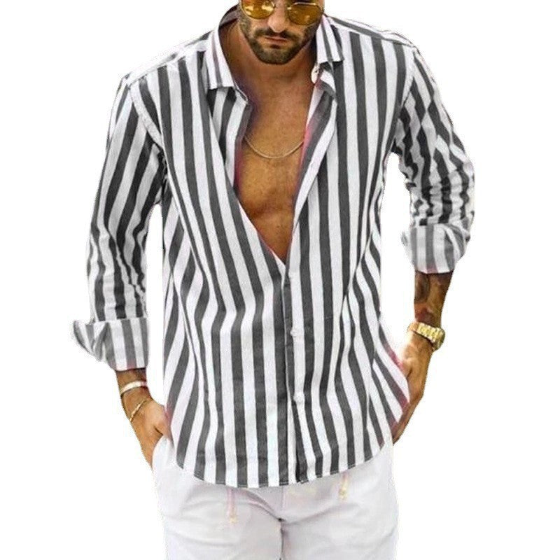 Polo Collar Stripes Shirt Loose men's clothing