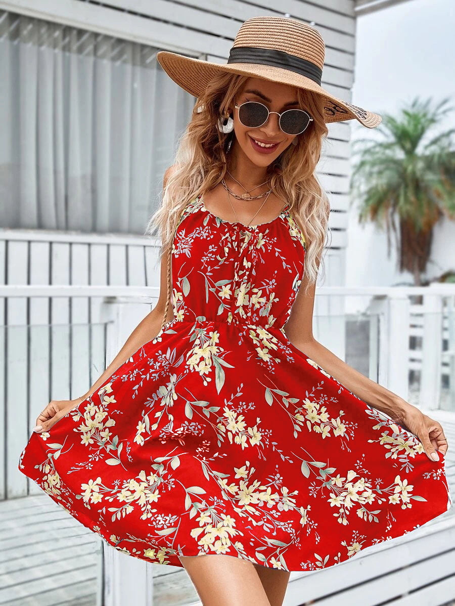 Floral Print Suspender Dress With Elastic Waist Design Fashion Summer Short Dresses Womens Clothing apparel & accessories